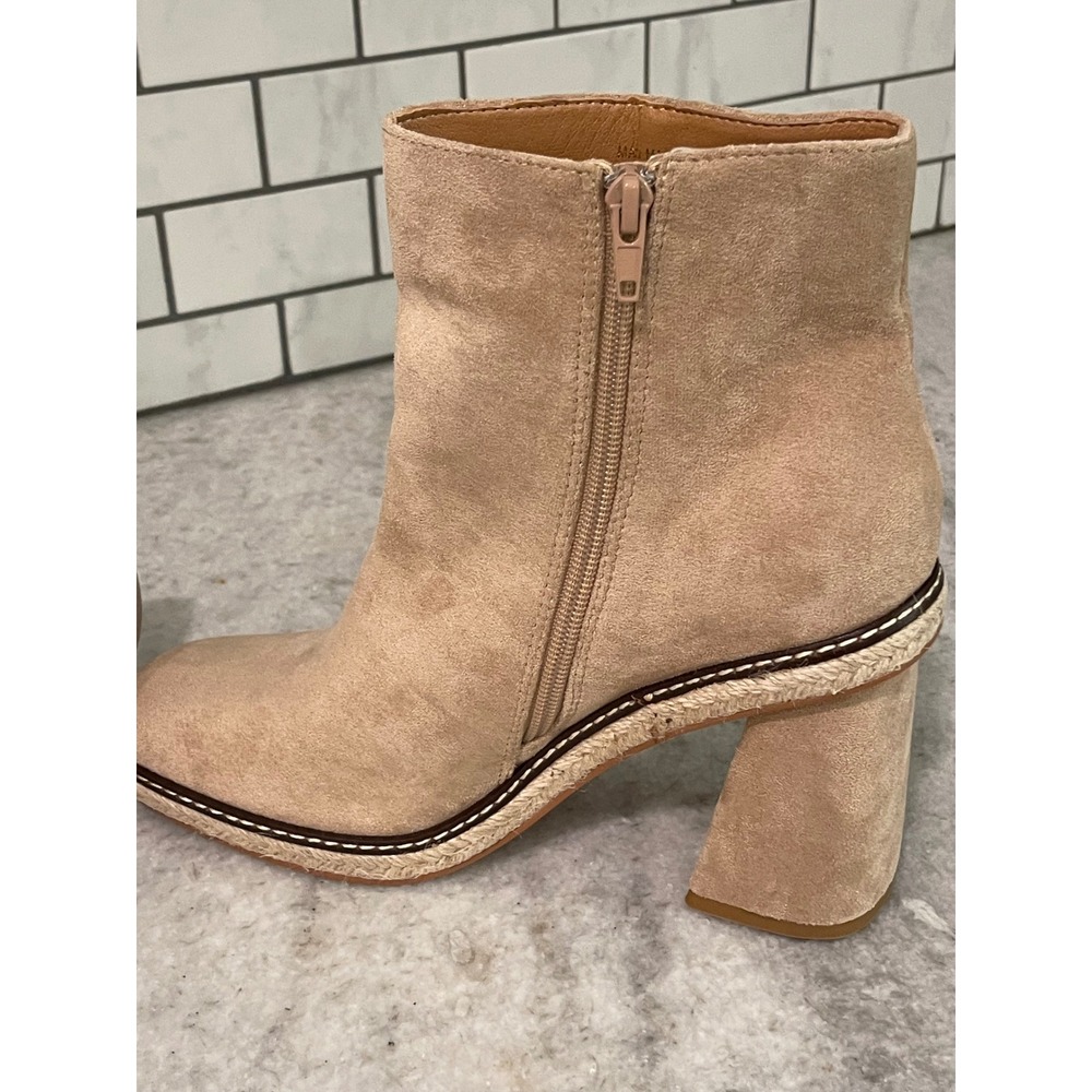 Mi.iM Ankle Boots Women 9 Tan Suede Block Heel Espadrille Trim Square Toe Zip - Picture 7 of 9